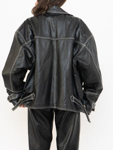 Vintage x Made in India x TREK Black Leather White-Stitched Oversized Jacket (XS-L)