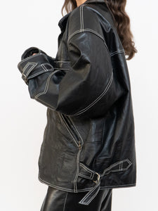 Vintage x Made in India x TREK Black Leather White-Stitched Oversized Jacket (XS-L)