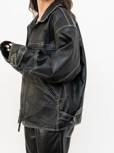 Vintage x Made in India x TREK Black Leather White-Stitched Oversized Jacket (XS-L)
