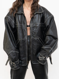 Vintage x Made in India x TREK Black Leather White-Stitched Oversized Jacket (XS-L)