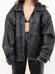 Vintage x Made in India x TREK Black Leather White-Stitched Oversized Jacket (XS-L)