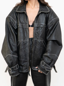 Vintage x Made in India x TREK Black Leather White-Stitched Oversized Jacket (XS-L)