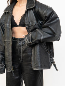 Vintage x Made in India x TREK Black Leather White-Stitched Oversized Jacket (XS-L)