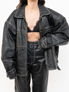 Vintage x Made in India x TREK Black Leather White-Stitched Oversized Jacket (XS-L)