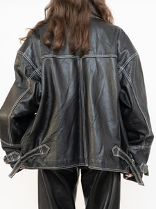 Vintage x Made in India x TREK Black Leather White-Stitched Oversized Jacket (XS-L)
