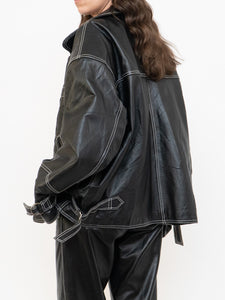 Vintage x Made in India x TREK Black Leather White-Stitched Oversized Jacket (XS-L)