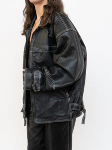 Vintage x Made in India x TREK Black Leather White-Stitched Oversized Jacket (XS-L)