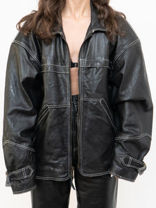 Vintage x Made in India x TREK Black Leather White-Stitched Oversized Jacket (XS-L)