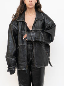 Vintage x Made in India x TREK Black Leather White-Stitched Oversized Jacket (XS-L)