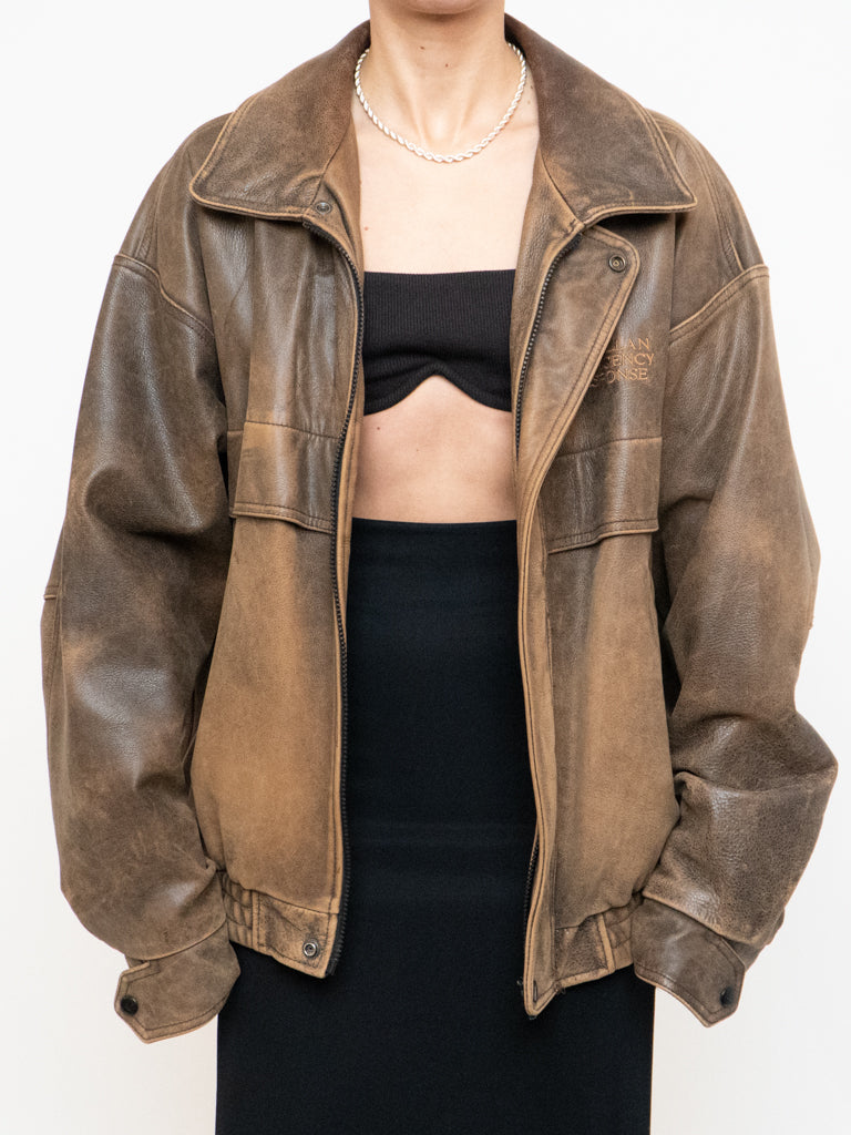 Vintage x Made in Saskatoon x Faded Brown 'Emergency Response Embossed' Leather Jacket (XS-XL)