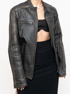 Vintage x Made in Pakistan x Black, Brown Faded Striped Leather Biker Jacket (XS-M)