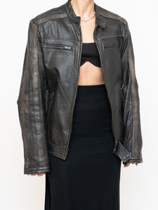 Vintage x Made in Pakistan x Black, Brown Faded Striped Leather Biker Jacket (XS-M)
