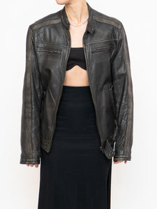 Vintage x Made in Pakistan x Black, Brown Faded Striped Leather Biker Jacket (XS-M)