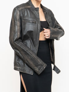 Vintage x Made in Pakistan x Black, Brown Faded Striped Leather Biker Jacket (XS-M)