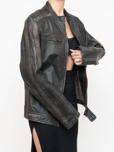 Vintage x Made in Pakistan x Black, Brown Faded Striped Leather Biker Jacket (XS-M)