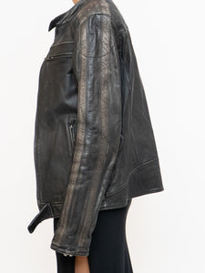 Vintage x Made in Pakistan x Black, Brown Faded Striped Leather Biker Jacket (XS-M)