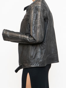 Vintage x Made in Pakistan x Black, Brown Faded Striped Leather Biker Jacket (XS-M)