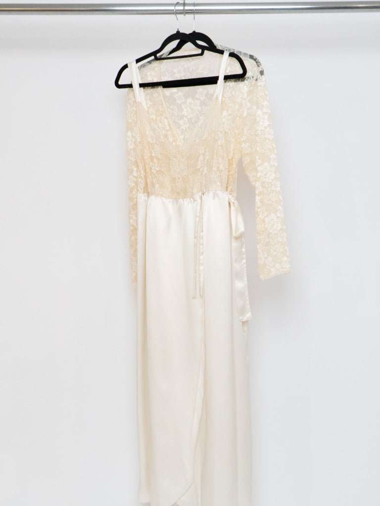Cream Lace and Satin Slip and Robe Set (