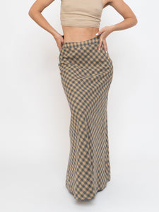 Vintage x Beige, Grey Checkered Wool Maxi Skirt (XS, S)
