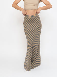 Vintage x Beige, Grey Checkered Wool Maxi Skirt (XS, S)