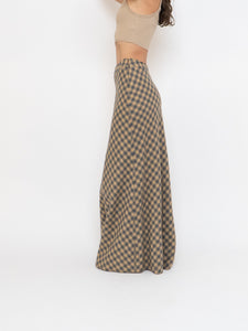 Vintage x Beige, Grey Checkered Wool Maxi Skirt (XS, S)