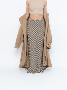 Vintage x Beige, Grey Checkered Wool Maxi Skirt (XS, S)