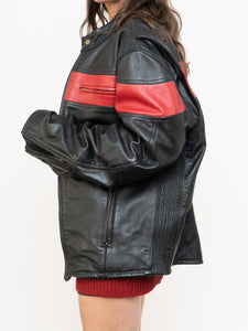 Vintage x Made in Pakistan x Black, Red Striped Leather Biker Jacket (M, L)