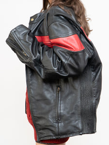 Vintage x Made in Pakistan x Black, Red Striped Leather Biker Jacket (M, L)