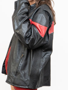 Vintage x Made in Pakistan x Black, Red Striped Leather Biker Jacket (M, L)