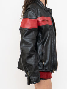 Vintage x Made in Pakistan x Black, Red Striped Leather Biker Jacket (M, L)