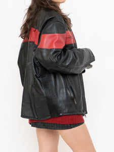 Vintage x Made in Pakistan x Black, Red Striped Leather Biker Jacket (M, L)
