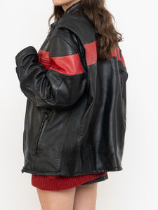 Vintage x Made in Pakistan x Black, Red Striped Leather Biker Jacket (M, L)