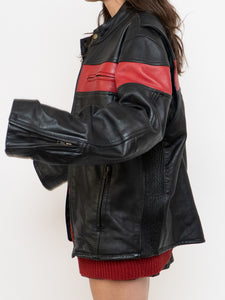 Vintage x Made in Pakistan x Black, Red Striped Leather Biker Jacket (M, L)