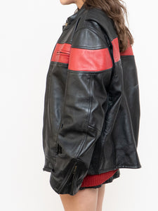 Vintage x Made in Pakistan x Black, Red Striped Leather Biker Jacket (M, L)