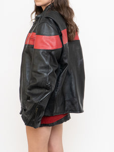 Vintage x Made in Pakistan x Black, Red Striped Leather Biker Jacket (M, L)