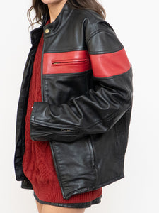 Vintage x Made in Pakistan x Black, Red Striped Leather Biker Jacket (M, L)
