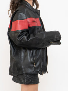 Vintage x Made in Pakistan x Black, Red Striped Leather Biker Jacket (M, L)