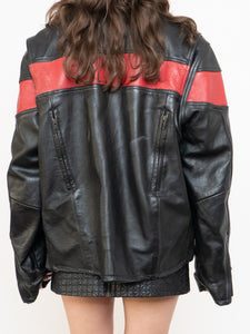 Vintage x Made in Pakistan x Black, Red Striped Leather Biker Jacket (M, L)