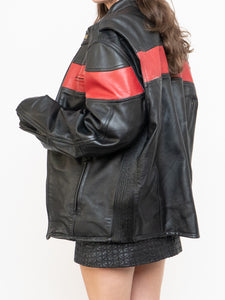 Vintage x Made in Pakistan x Black, Red Striped Leather Biker Jacket (M, L)