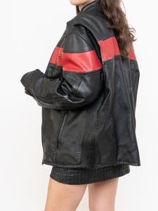 Vintage x Made in Pakistan x Black, Red Striped Leather Biker Jacket (M, L)