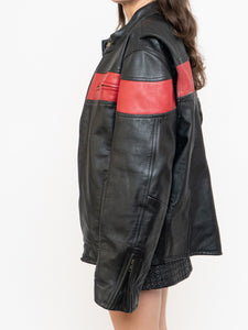 Vintage x Made in Pakistan x Black, Red Striped Leather Biker Jacket (M, L)