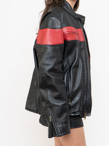 Vintage x Made in Pakistan x Black, Red Striped Leather Biker Jacket (M, L)