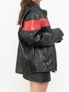 Vintage x Made in Pakistan x Black, Red Striped Leather Biker Jacket (M, L)