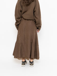 Vintage x Brown Crinkled Silk-blend Maxi Skirt (S, M)