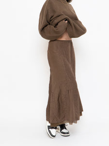 Vintage x Brown Crinkled Silk-blend Maxi Skirt (S, M)