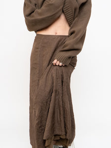 Vintage x Brown Crinkled Silk-blend Maxi Skirt (S, M)