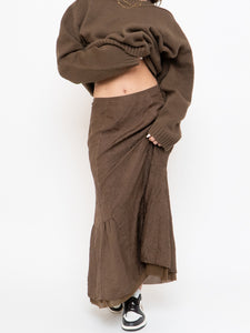 Vintage x Brown Crinkled Silk-blend Maxi Skirt (S, M)