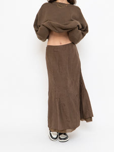 Vintage x Brown Crinkled Silk-blend Maxi Skirt (S, M)