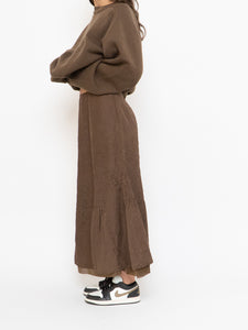 Vintage x Brown Crinkled Silk-blend Maxi Skirt (S, M)