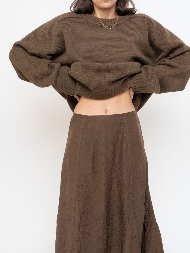 Vintage x Brown Crinkled Silk-blend Maxi Skirt (S, M)